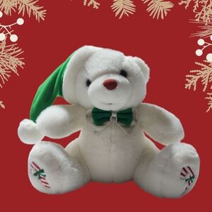 Christmas Plush White Bear with Green Hat, Bow Tie, and Candy Cane Feet